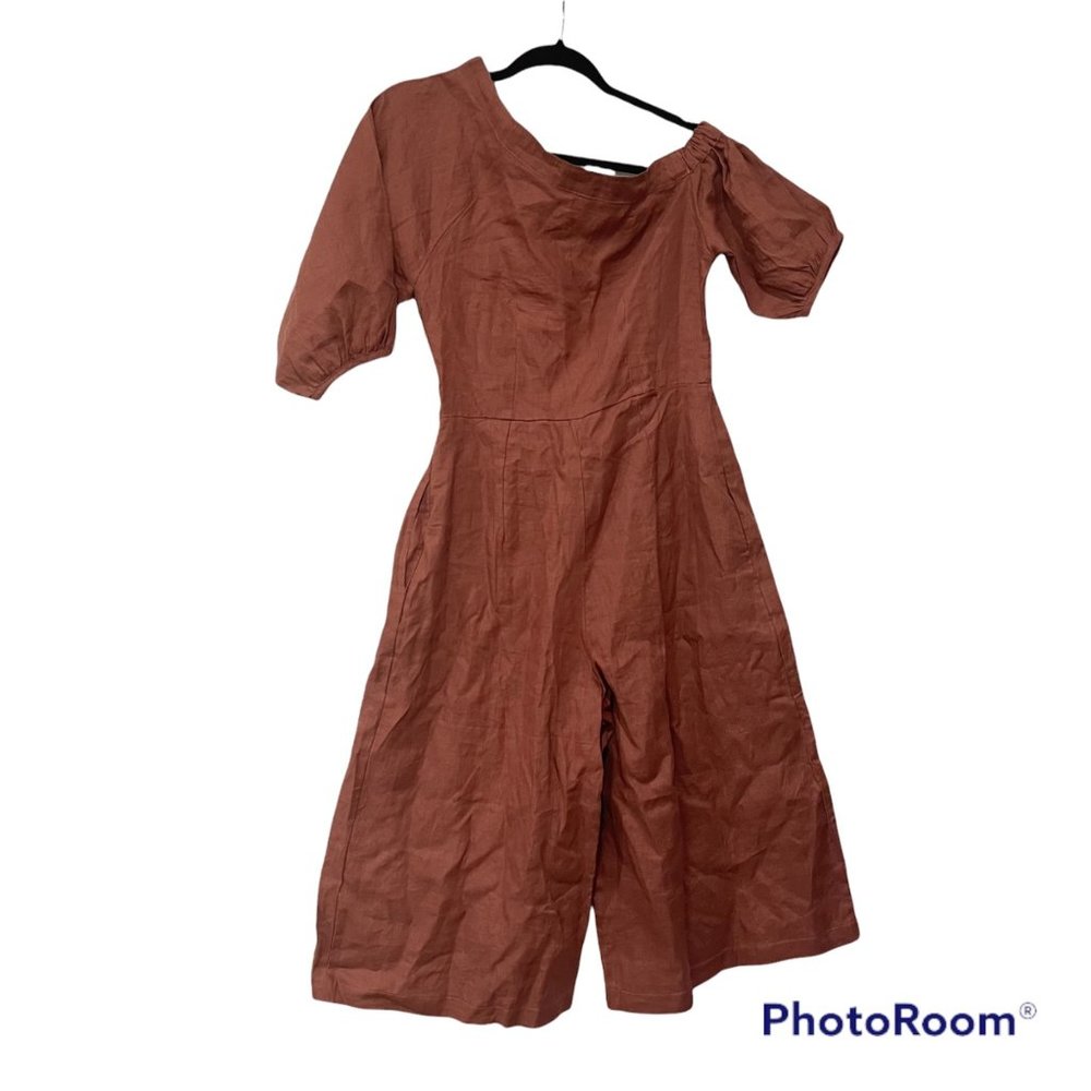 Las Cholas Studio Linen Asymmetric Culottes Jumpsuit Terracotta M